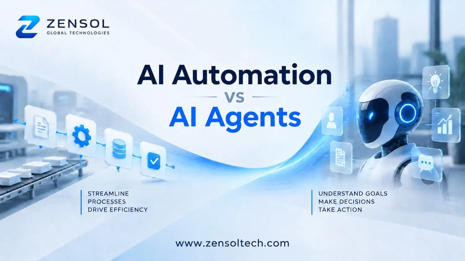 AI Automation vs AI Agents comparison banner by Zensol Global Technologies