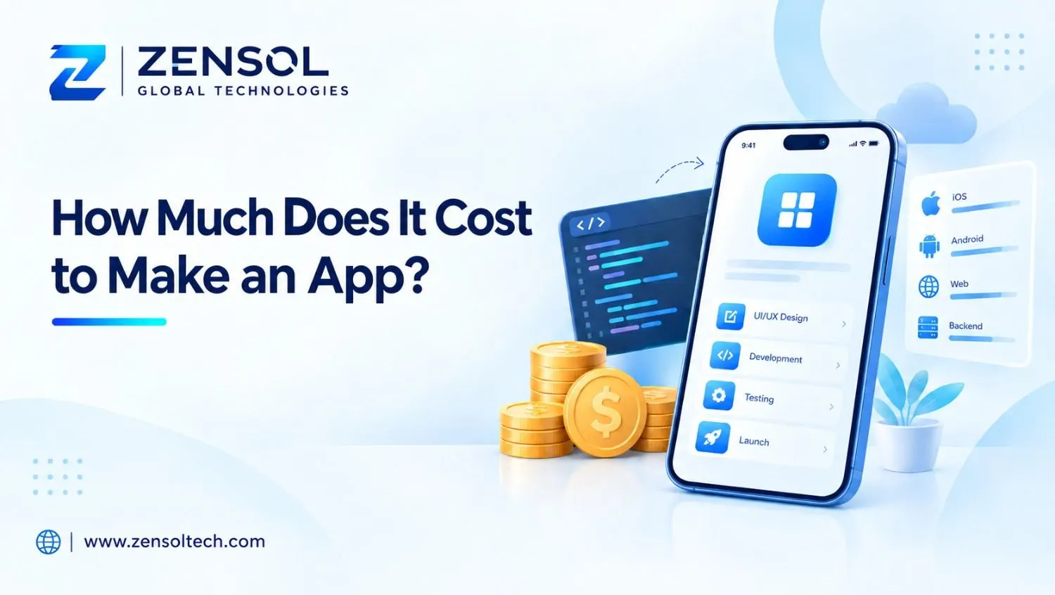 ZENSOL Global Technologies banner about how much it costs to make an app.