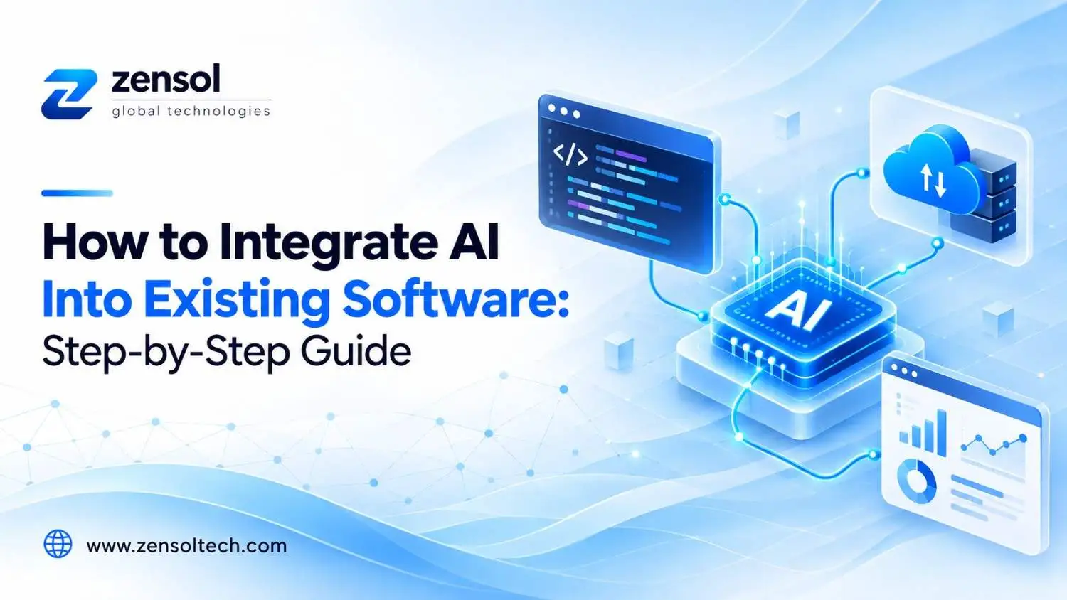 Zensol Technologies guide to integrate AI into existing software with APIs and cloud systems.