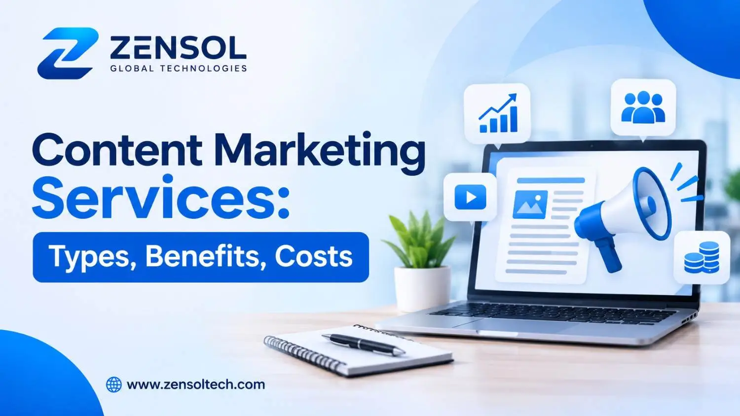 ZENSOL content marketing services featuring a laptop displaying digital content strategies.