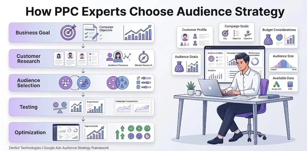 PPC audience strategy framework showing how experts choose Google Ads targeting based on business goals, customer research, audience selection, testing, and optimization