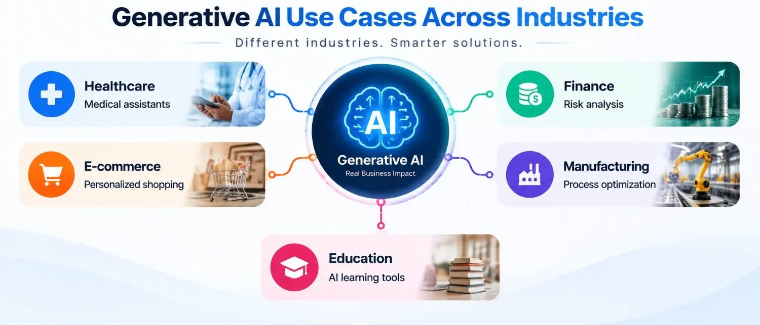 Generative AI use cases across industries including healthcare, finance, e-commerce, and education