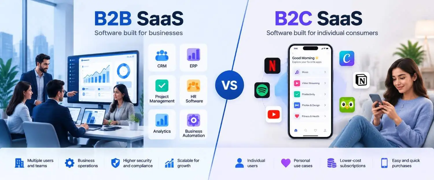B2B SaaS vs B2C SaaS comparison showing business and consumer software models