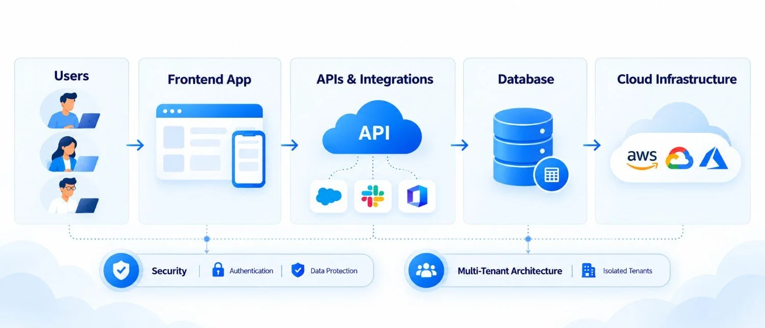 B2B SaaS platform architecture with cloud, APIs, database, and multi-tenant design