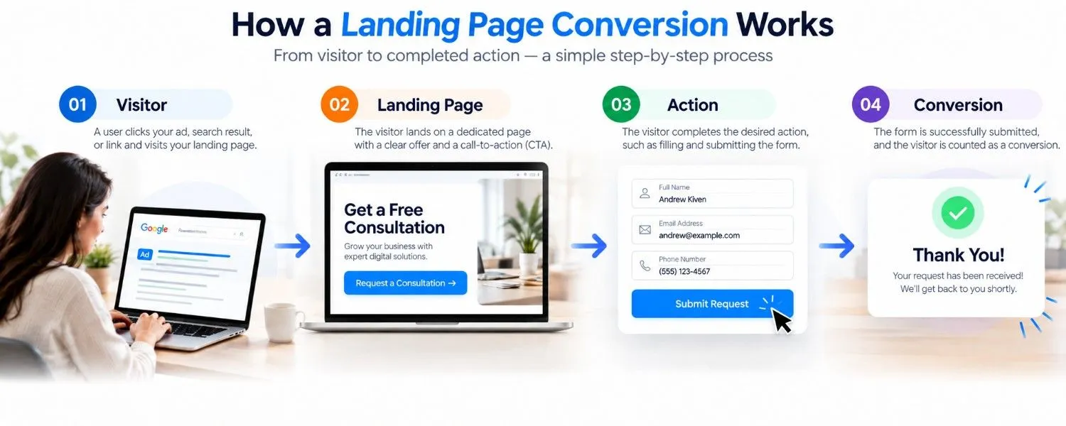 How a landing page conversion works, from website visitor to form submission and confirmation.