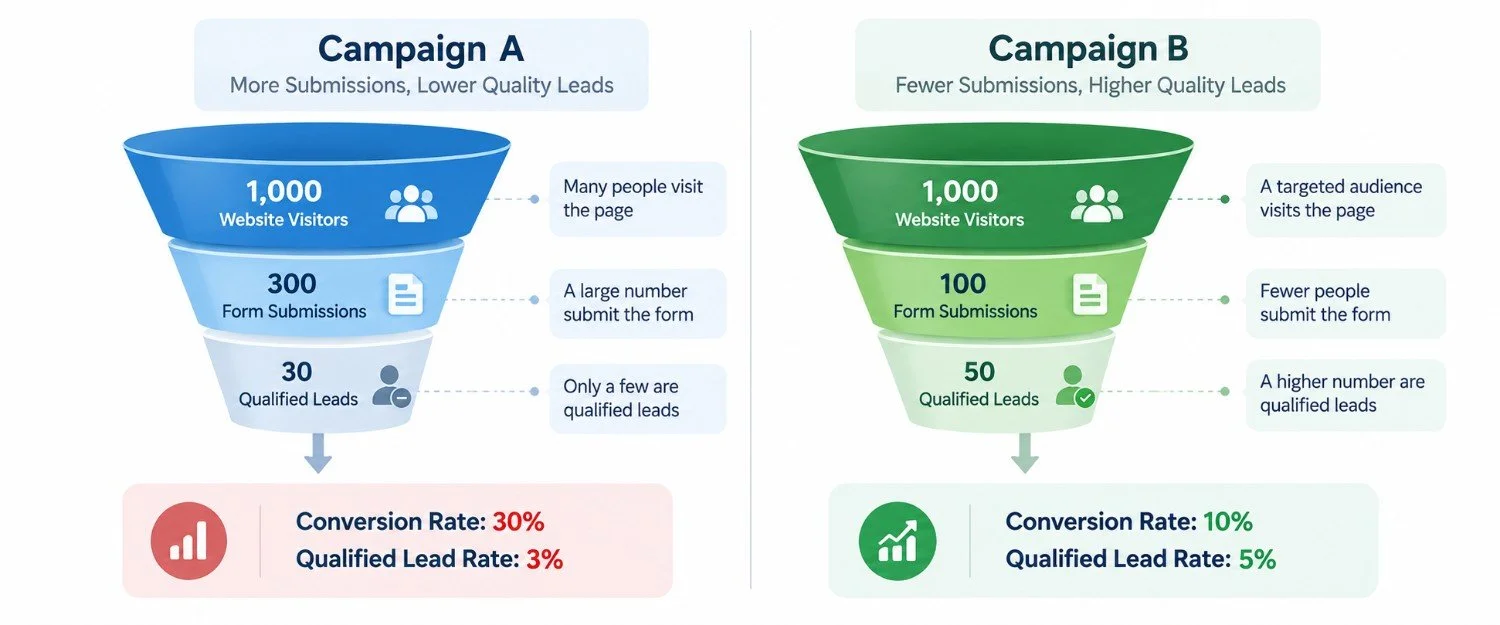 Comparison of landing page conversion rates and qualified leads for Campaign A and Campaign B.