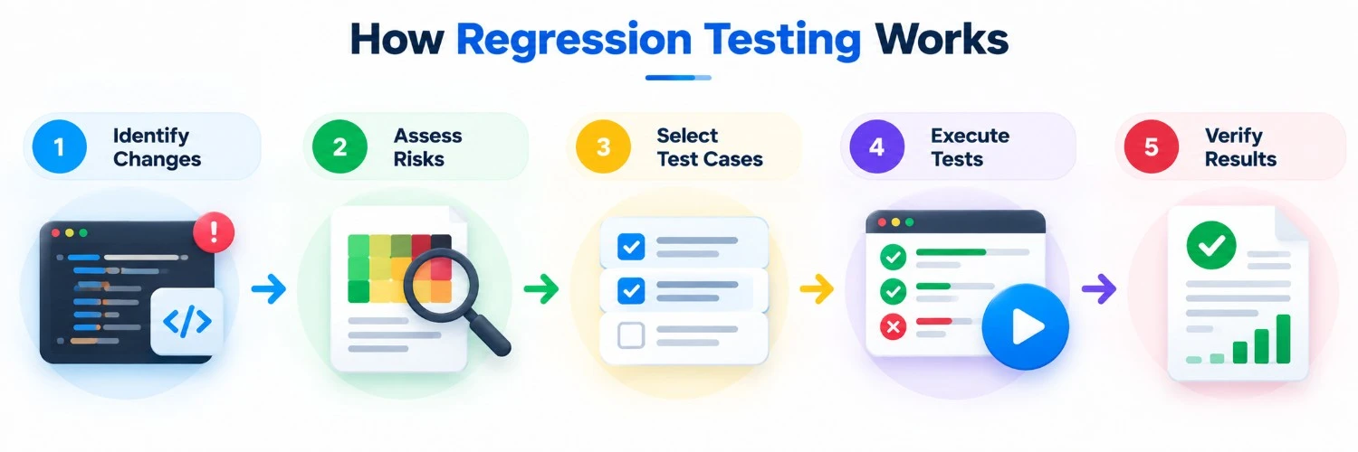 Five-step regression testing process from identifying changes to verifying test results.
