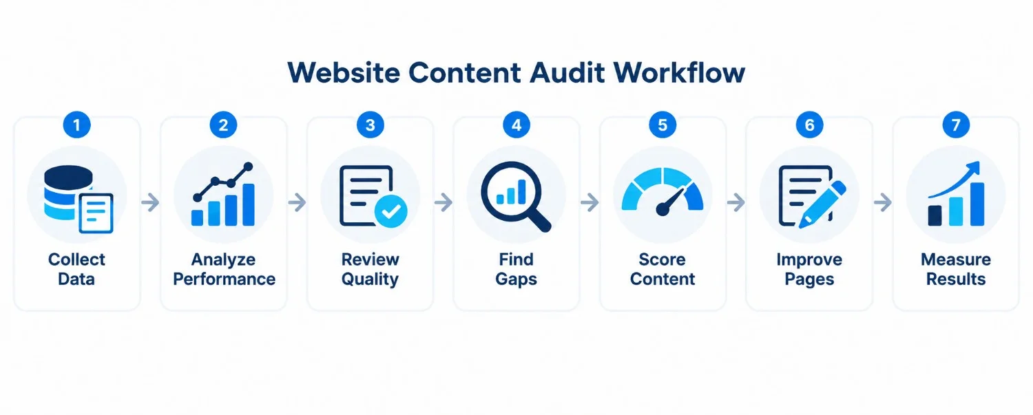 Website content audit workflow showing seven SEO improvement steps