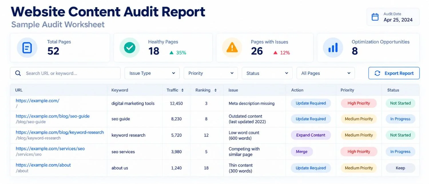 Website content audit report dashboard with SEO metrics and actions