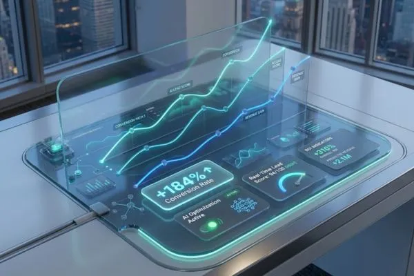 AI-powered digital marketing dashboard displaying real-time conversion rates, ROI metrics, and lead optimization data.