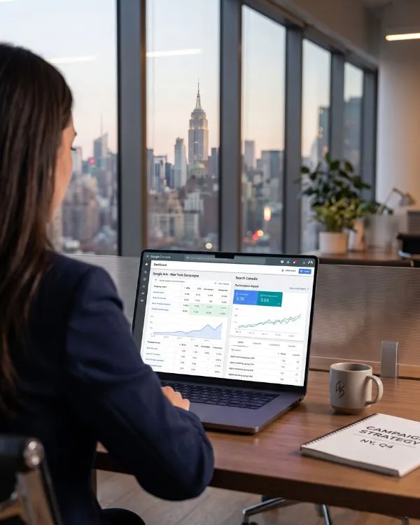 Digital marketing strategist managing Google Ads and Search Console performance overlooking New York City skyline.