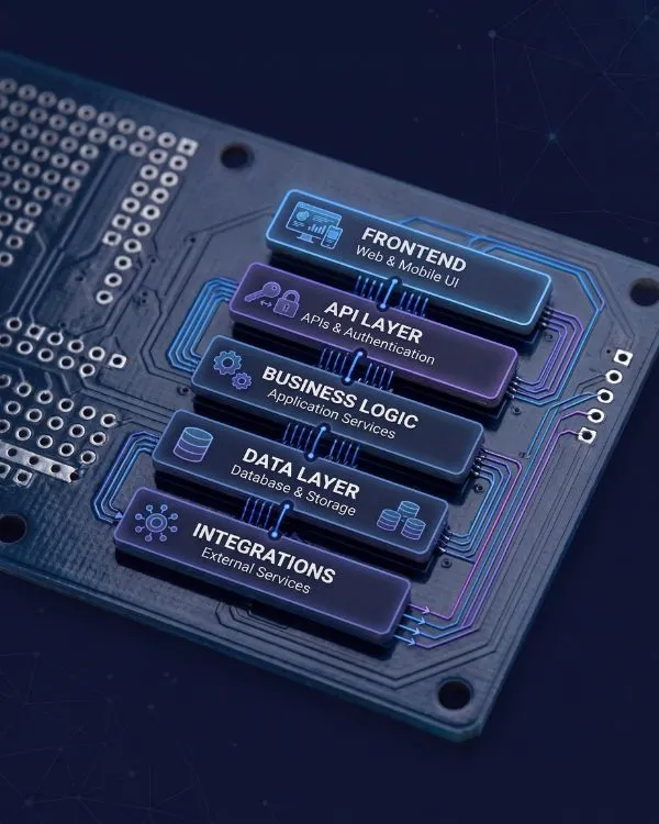 ull-stack software architecture layers including Frontend, API Layer, Business Logic, Data Layer, and Integrations
