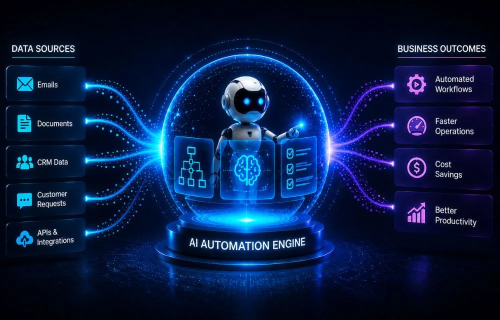 AI automation engine connecting data sources with intelligent business workflows